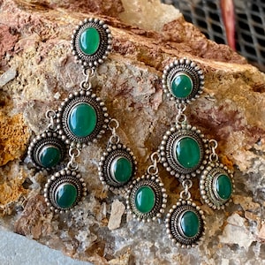 Rare Beautiful BoHo Green Chrysoprase Sterling Silver Vintage Long Chandelier Earrings