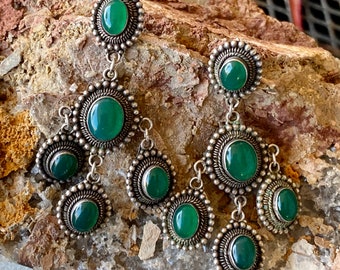 Beautiful BoHo Green Chrysoprase Sterling Silver Vintage Long Chandelier Earrings