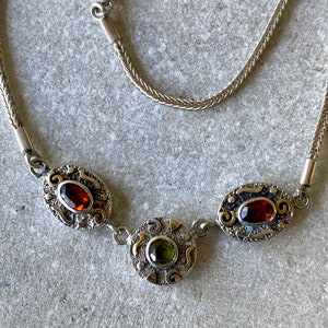 Beautiful Sterling Silver wheat chain 14kt Gold  Red &bGreen Garnet  Vintage Necklace