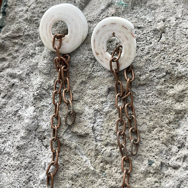 Carved Naga Shell Brass Chain Vintage Earrings