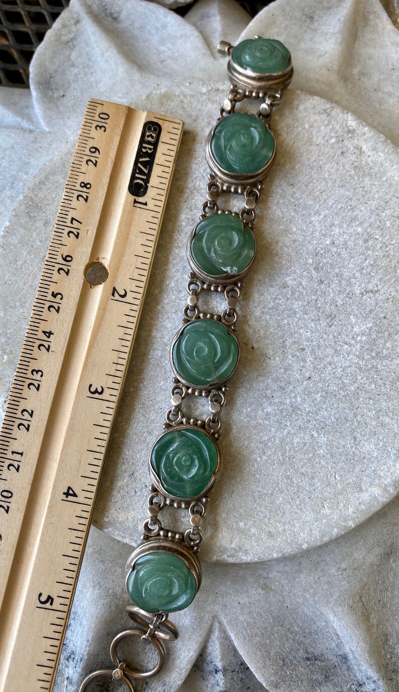 Carved Stone Flower Rose Sterling Silver Vintage Link Bracelet