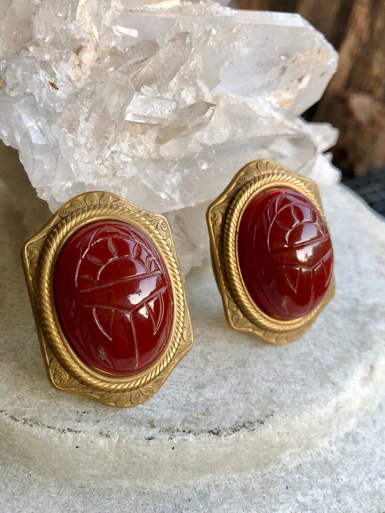 Beautiful Art Deco Egyptian Revival Scarab Carved Carnelian Art Glass Brass Vintage Clip Earrings Art Deco Earrings
