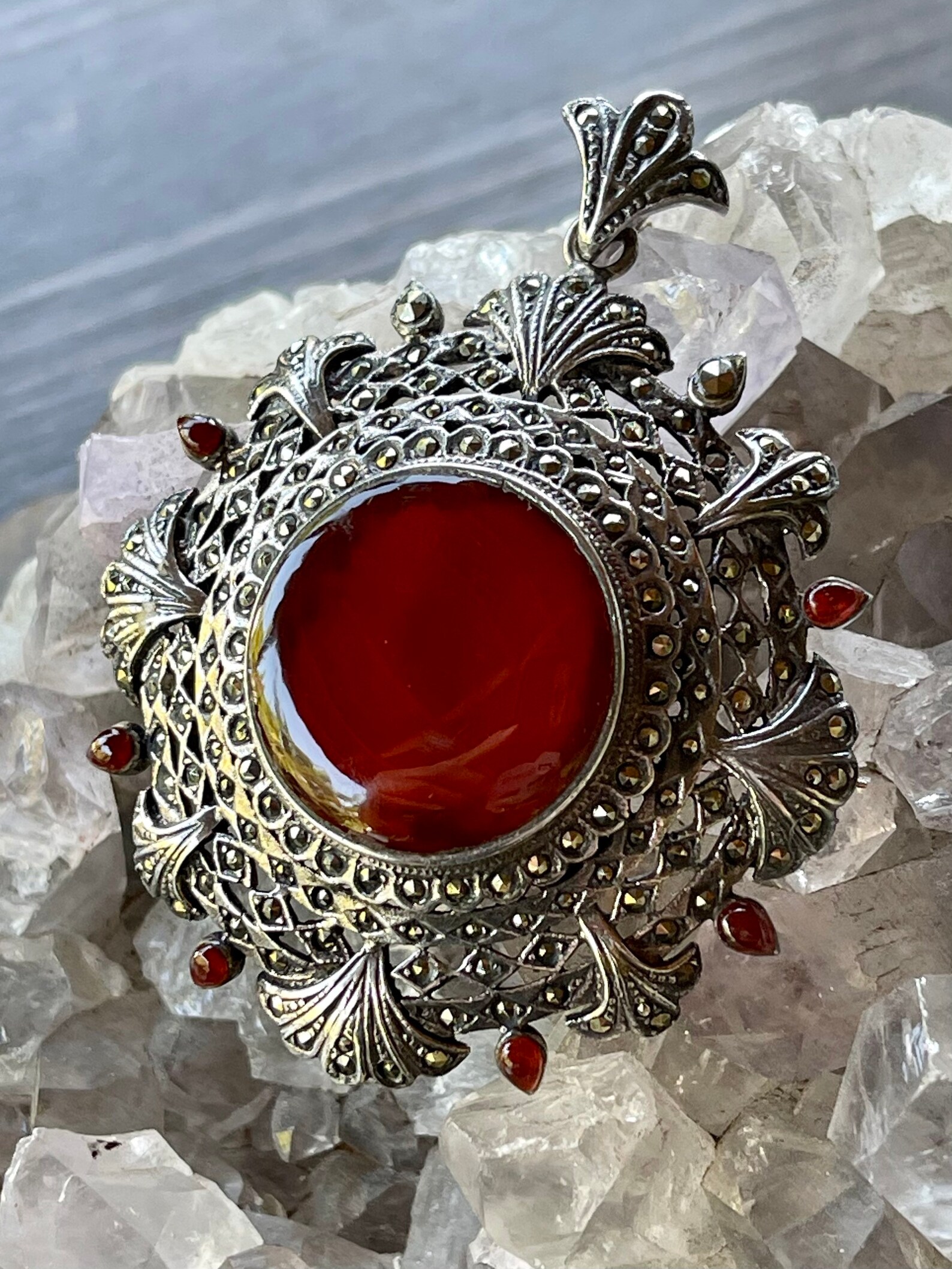 Art Deco Sterling Silver Marcasite Carnelian Vintage Antique Art Deco ...