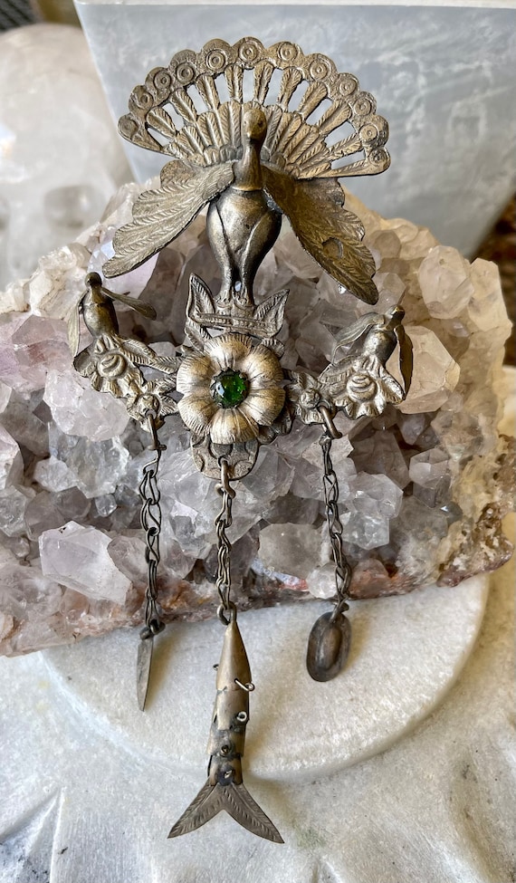 Beautiful Silver Peacock Bird Floral Antique Sash… - image 5