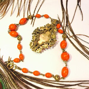 Beautiful Art Nouveau Art Deco Molded Orange Coral Art Czech Glass Necklace Art Nouveau Jewelry image 4