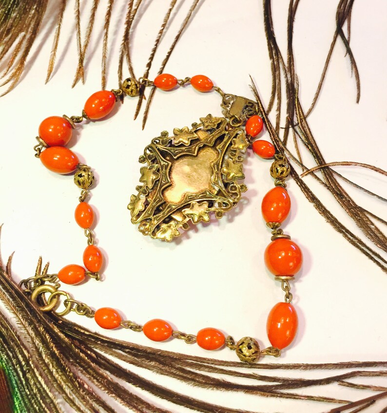 Beautiful Art Nouveau Art Deco Molded Orange Coral Art Czech Glass Necklace Art Nouveau Jewelry image 4