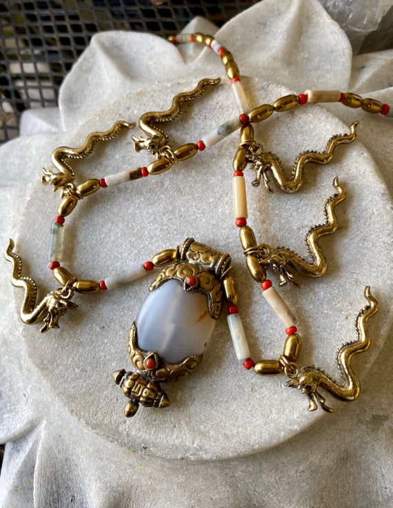 Beautiful Old Tibetan Agate Coral Brass Pendant B… - image 2
