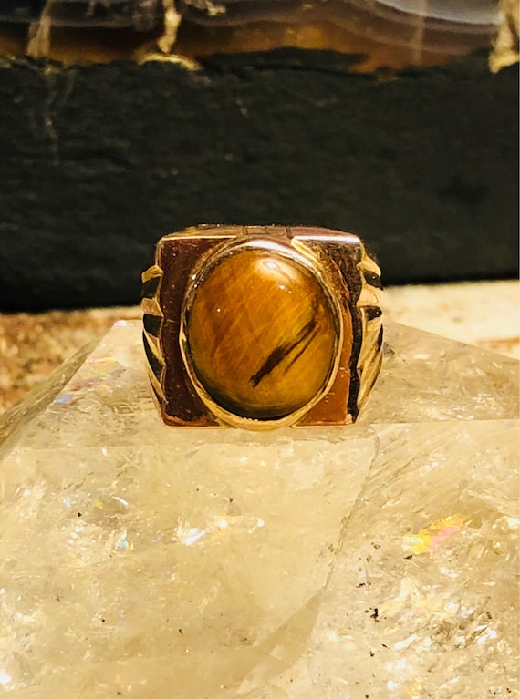 1920s Art Deco Tigers Eye 14kt Gold Vintage Ring … - image 4