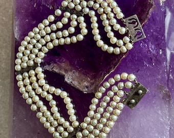 Antique Art Nouveau Faux  Pearl Sterling Silver Bracelet – Etched Elegant Four Strand Vintage