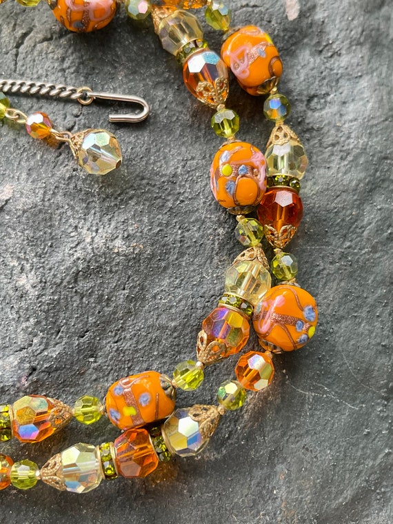 Retro Orange Art Glass Green Crystal Vintage Bib … - image 5