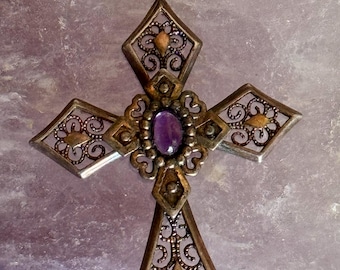 Vintage Sterling Silver Amethyst Cross Pendant | Vermeil Filigree Cross | Open Back Cabochon Amethyst | Gothic Victorian Style