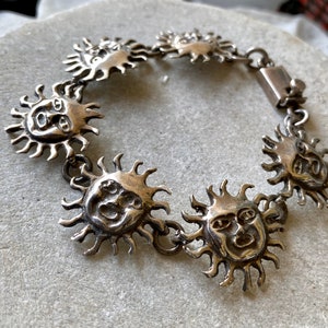 Beautiful Mexican Sculpeted Sterling Silver Celestial Sun Face Vintage Bracelet