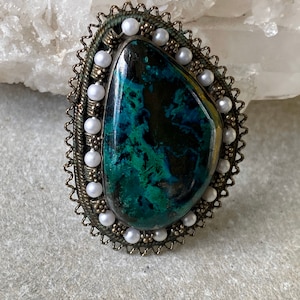 Beautiful Old Middle Eastern Israel Silver Filigree Pearl Elite Stone Vintage Necklace Pendant Brooch