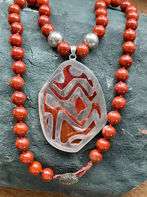 Chunky Hand Knotted Red Jasper Carnilian Sterling… - image 8