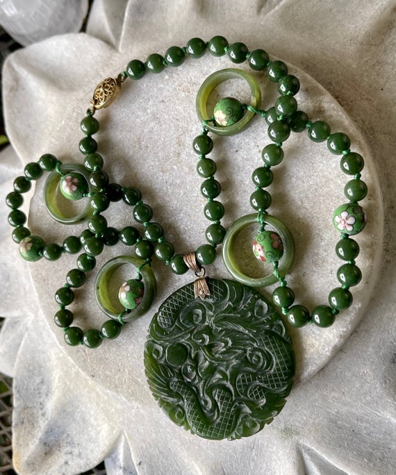 Stunning Carved Green Jade Dragon Cloisonne Long … - image 2