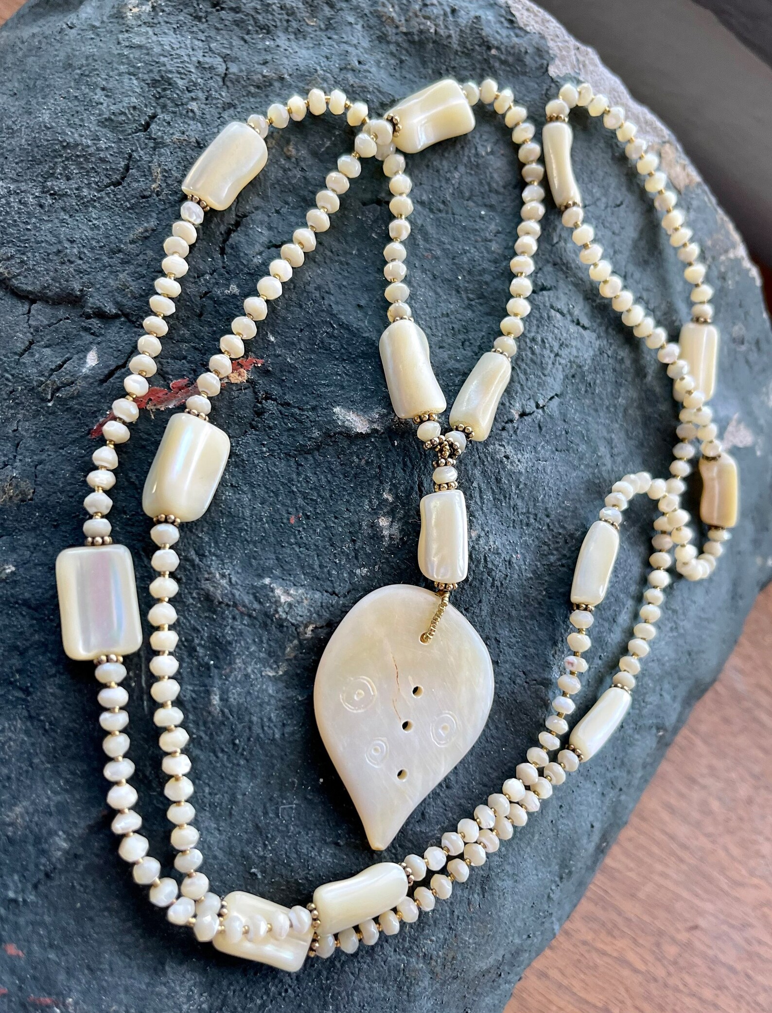 Elegant Carved Mother of Pearl Gold Sterling Silver Long Vintage ...