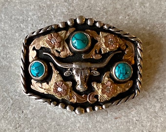 Beautiful Hand Crafted Mexican Turquoise Sterling Silver Rose Gold Diamond Bull Longhorn Skull Steer Bull Head  Belt Buckle