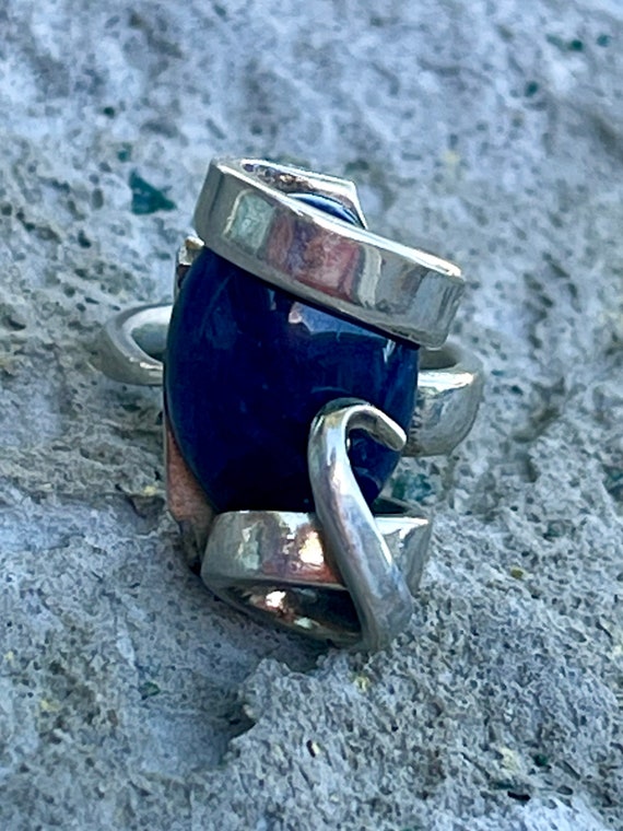 Brutalist Sterling Silver Deep blue Lapis Vintage… - image 2