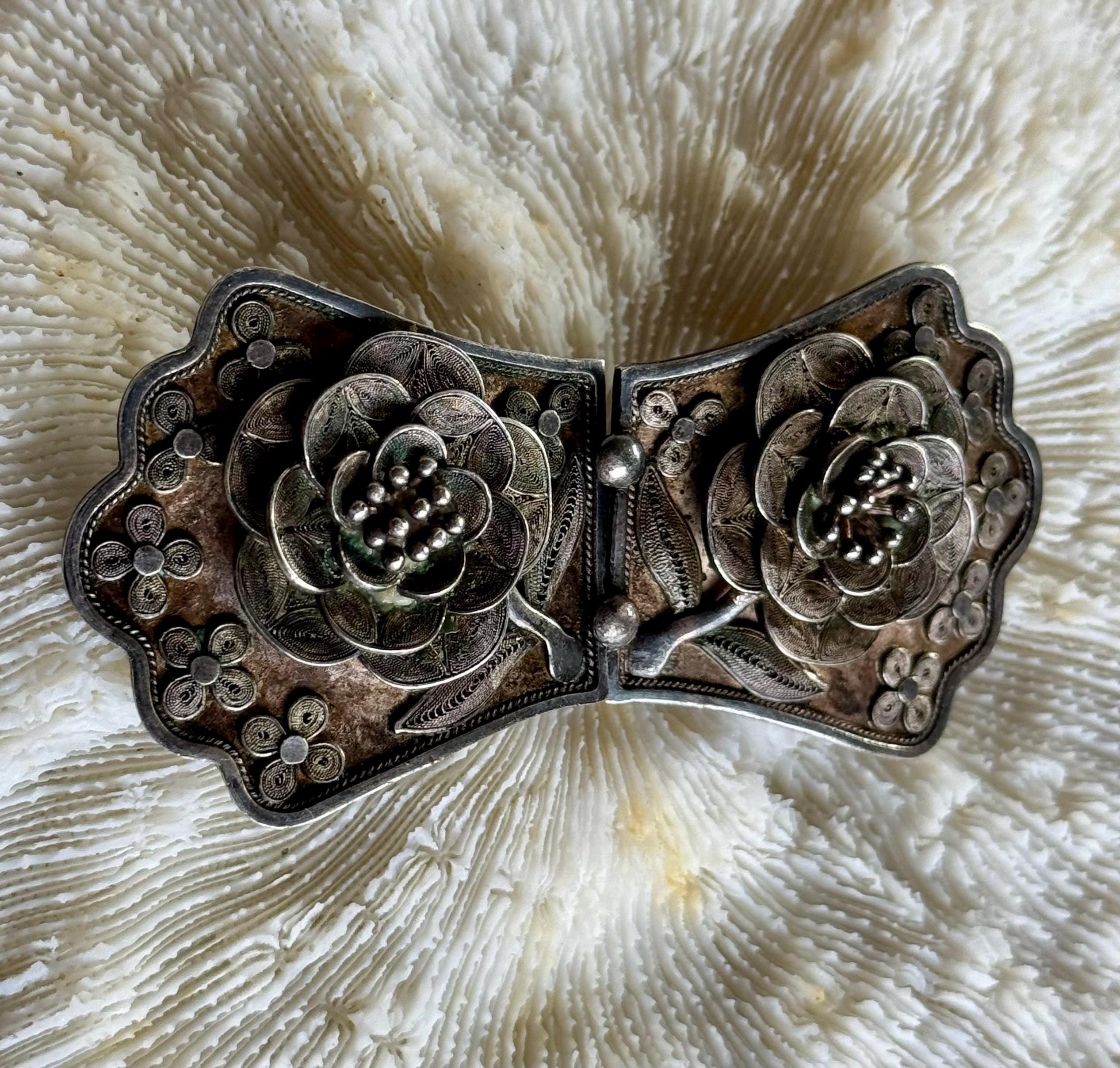 Victorian Sterling Silver Filigree Rose Antique Elegant Belt  display picture 2