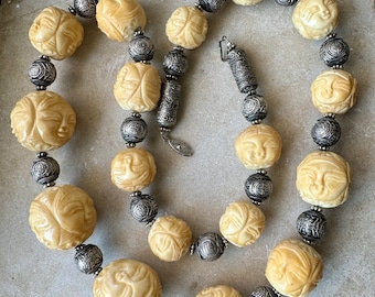 Amazing Carved Bone Multi Moon Buddha Face Silver Shou Bead Long Vintage Beaded Necklace