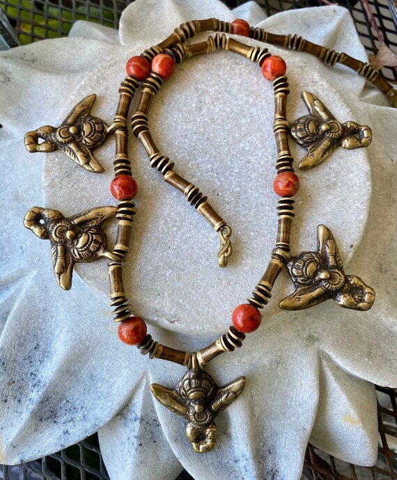 Bold Antique Brass Bead Garuda Red Sponge Coral  … - image 6
