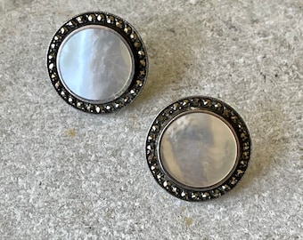 Beautiful Art Deco Sterling SilverMother of Pearl Marcasite Vintage Antique Earrinngs Art Deco Jewelry