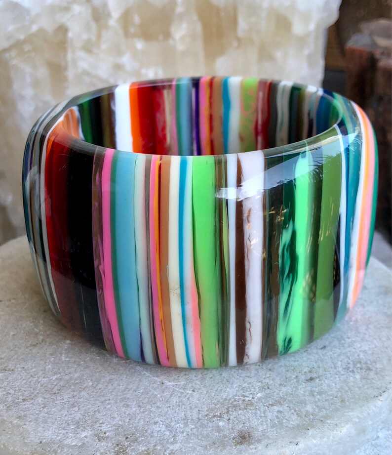 Bold Beautiful Designer Multi Color Heavy Resin Lucite Vintage Bangle Bracelet Singed Wearable Art