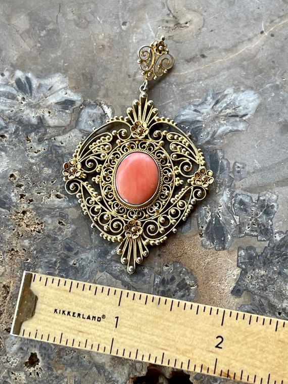 Beautiful Italian Gold Gilt Filigree Coral Vintag… - image 2