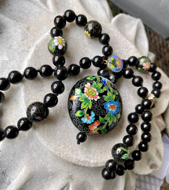 Beautiful Chinese Cloisonné Flower motif  Black O… - image 6
