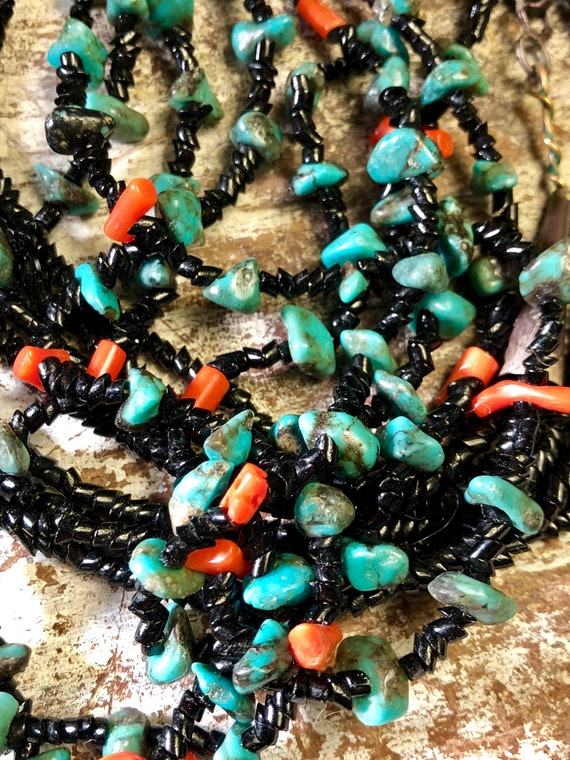 Native American Hand Cut Black Onyx Coral Turquoi… - image 4