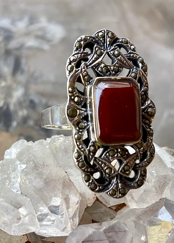 Art Deco Sterling Silver Marcasite Carnelian Vint… - image 5