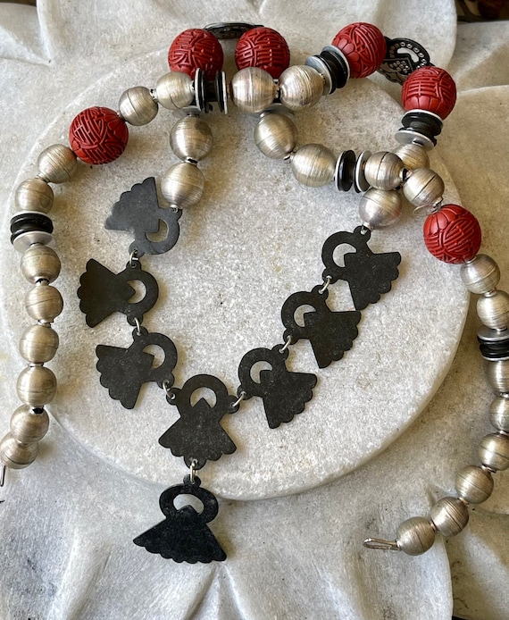 Unique Carved Red Cinnabar Sterling Silver Vintag… - image 9