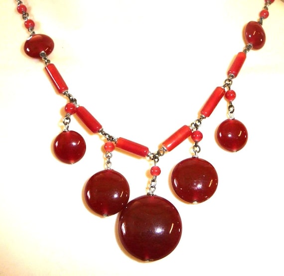 Beautiful  Czech Art Deco Carnelian Art Glass Bib Festoon Drop Vintage Antique Necklace Art Deco Jewelry