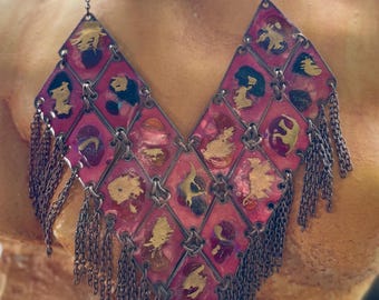 Rare 1960s Modernist Copper burgundy Enamel Fringe Bib Necklace – Massive Mid Century Designer Statement 6 Ounces