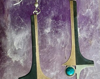 1960s Modernist Sterling Silver Copper Blue Stone Earrings – Sculptural Wearable Art