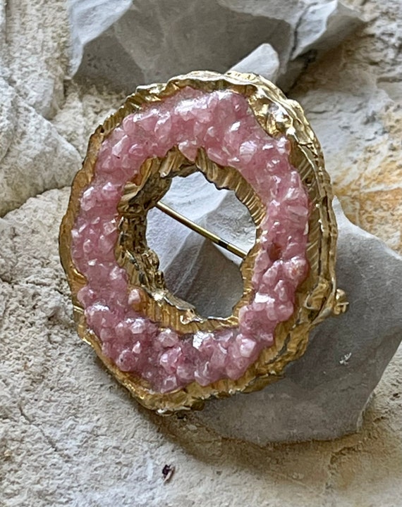 Brutalist Wearable Art Gold POP Pink Stone Resin … - image 10