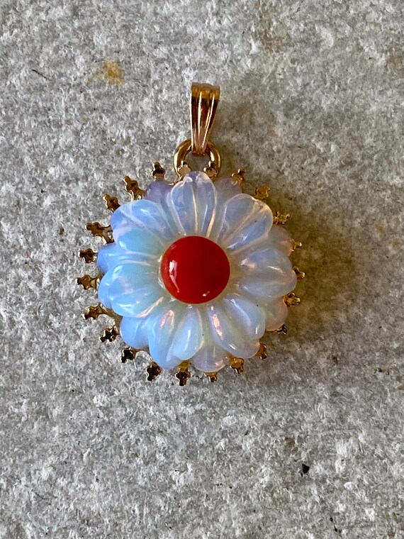 Elegant Carved Rainbow Opal Red Coral Flower Gold… - image 9