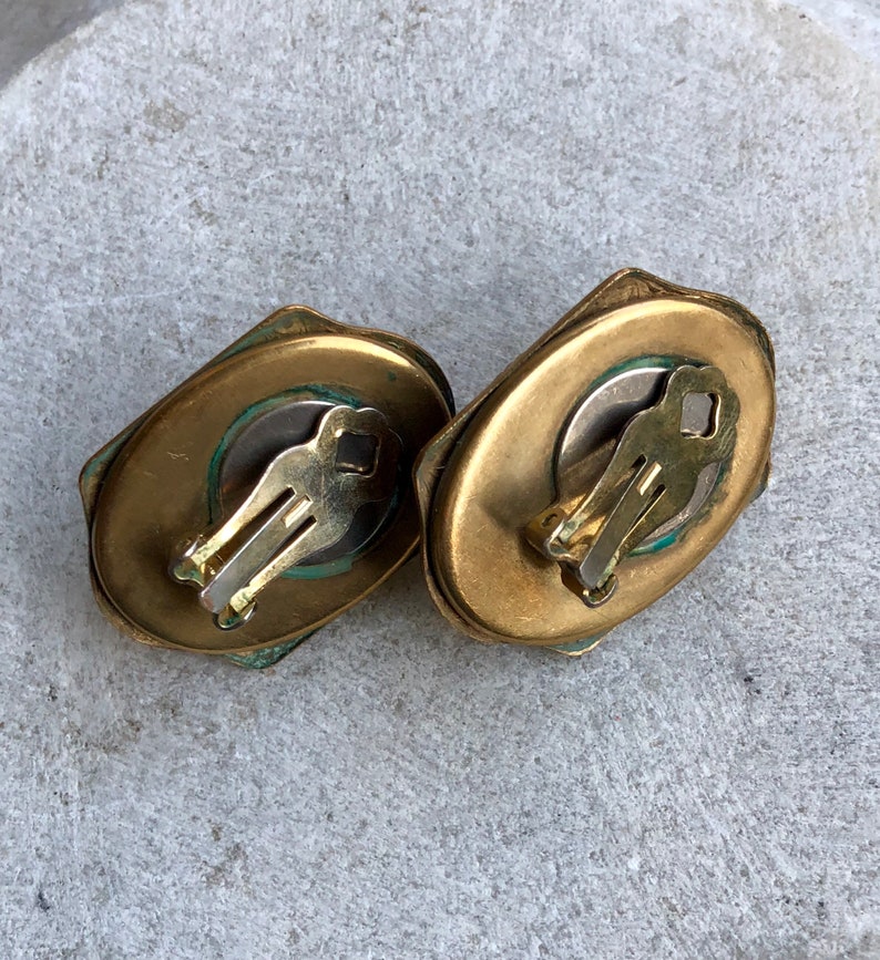 Beautiful Art Deco Egyptian Revival Scarab Carved Carnelian Art Glass Brass Vintage Clip Earrings Art Deco Earrings