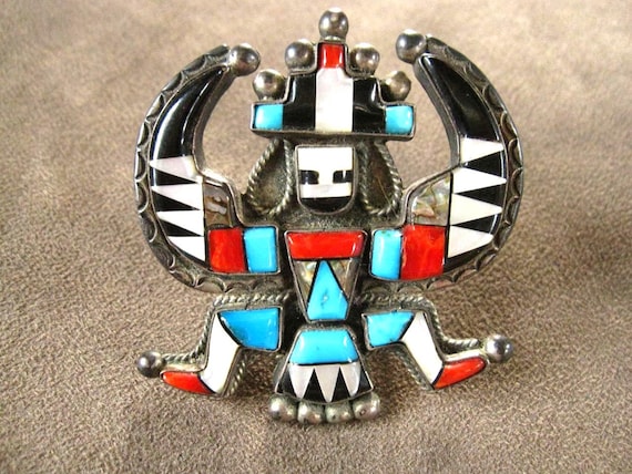 Huge Vintage Zuni Turquoise Sterling Silver Inlay Native American Ring Old Huge Vintage Zuni Turquoise Sterling Silver Inlay Native American Ring Old