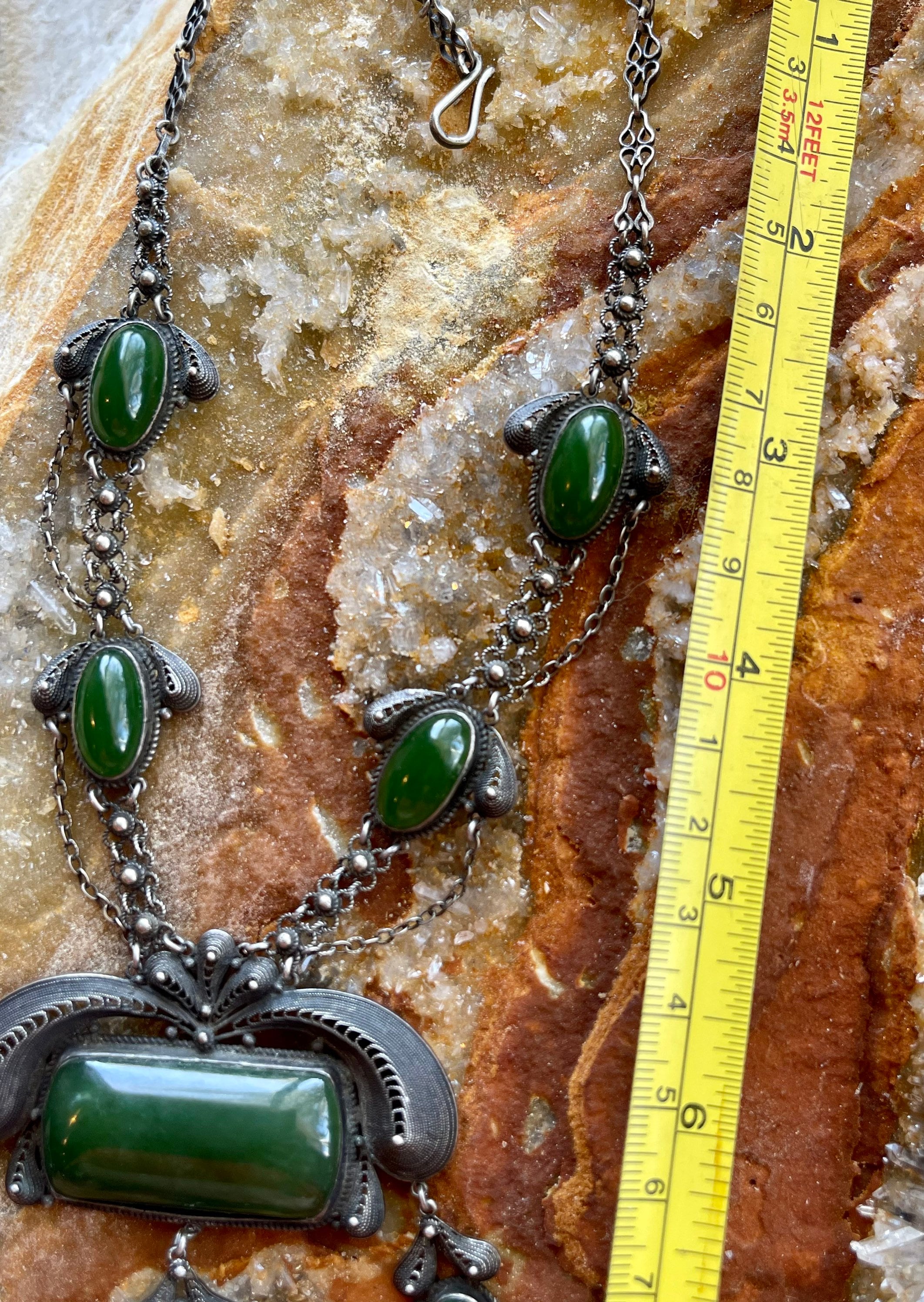 Art Nouveau Green Jade Sterling Silver Filigree Vintage Antique