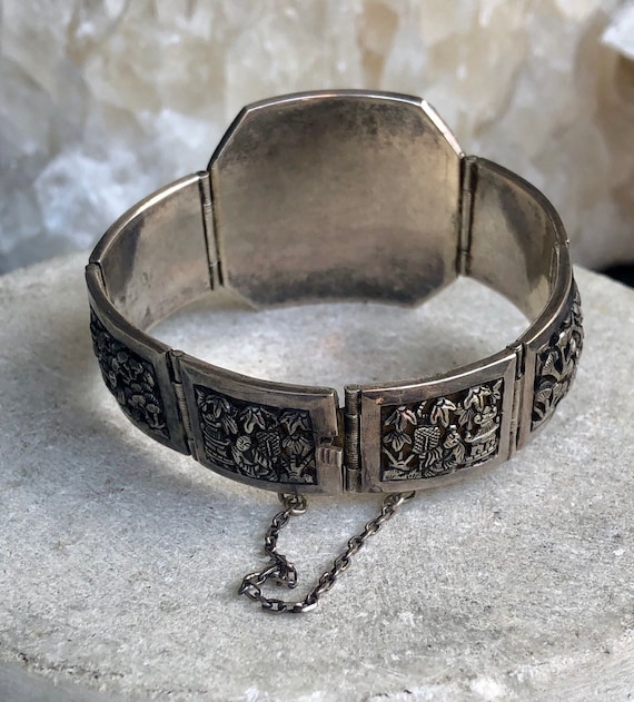 SILVER S925 銀線細工 中国七宝 ブレスレット2セット アンティーク Beautiful Old Chinese Shou Village Scene Tempel Sterling Silver