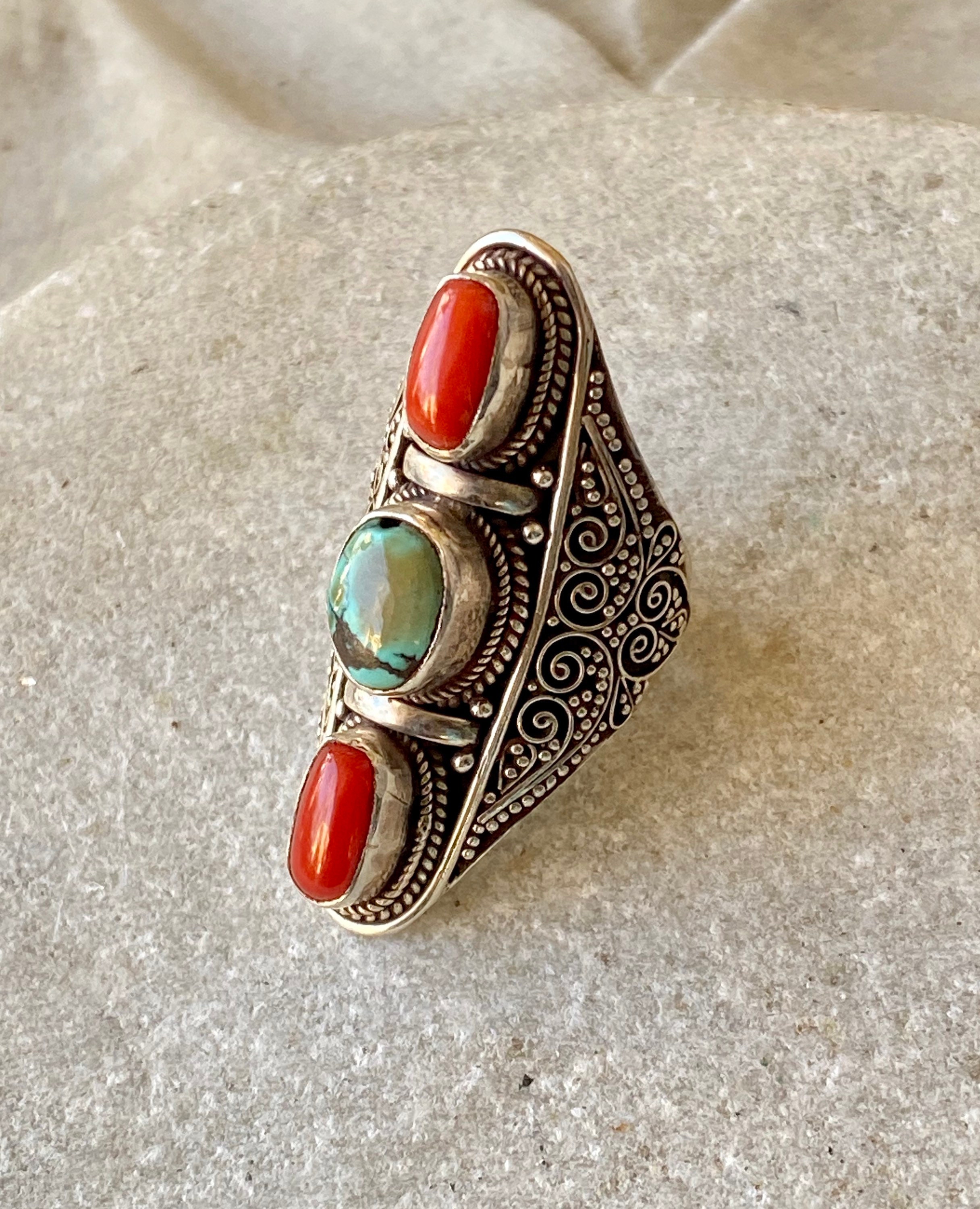 old Tibetan coral　※色味について必ず説明をご確認ください Sterling Silver Red Coral Tibetan Turquoise Long Vintage