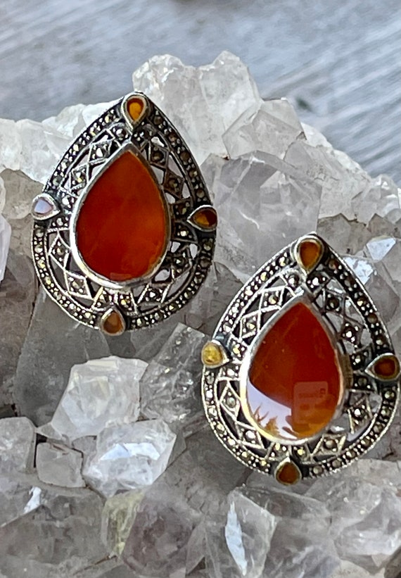 Art Deco Sterling Silver Marcasite Carnelian Vint… - image 5