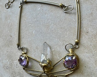 1960s Brutalist  Rock Crystal Natural Purple Amethyst Brass Vintage Bib Necklace