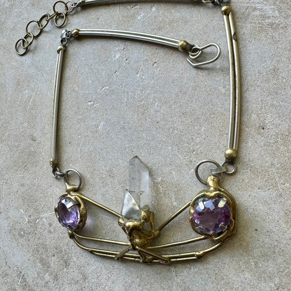1960s Brutalist  Rock Crystal Natural Purple Amethyst Brass Vintage Bib Necklace