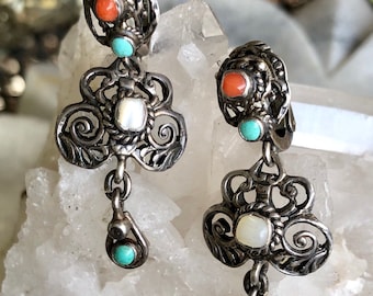 Circa 1800s Beautiful Art Nouveau Austro Hungarian Sterling Silver Coral Persian Turquoise Mother of Pearl Antique Earrings