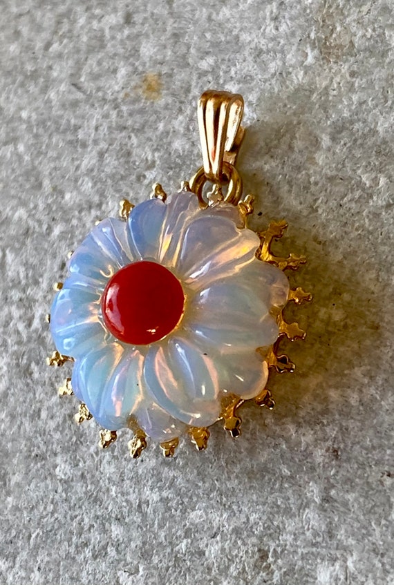 Elegant Carved Rainbow Opal Red Coral Flower Gold… - image 6