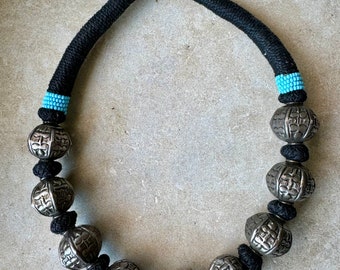 Etnographic Tibetan Silver Beaded Turquoise Glass Vintage Tribal Necklace