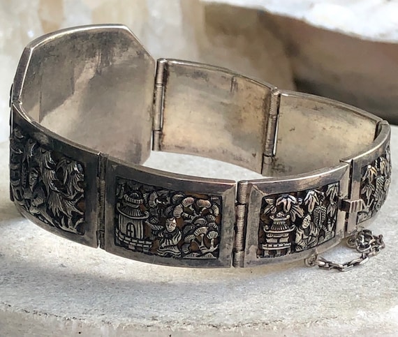 SILVER S925 銀線細工 中国七宝 ブレスレット2セット アンティーク Beautiful Old Chinese Shou Village Scene Tempel Sterling Silver