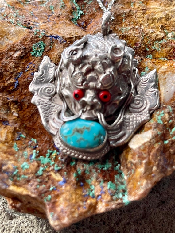Sterling Silver Blue Turquoise Asian Dragon Vinta… - image 9